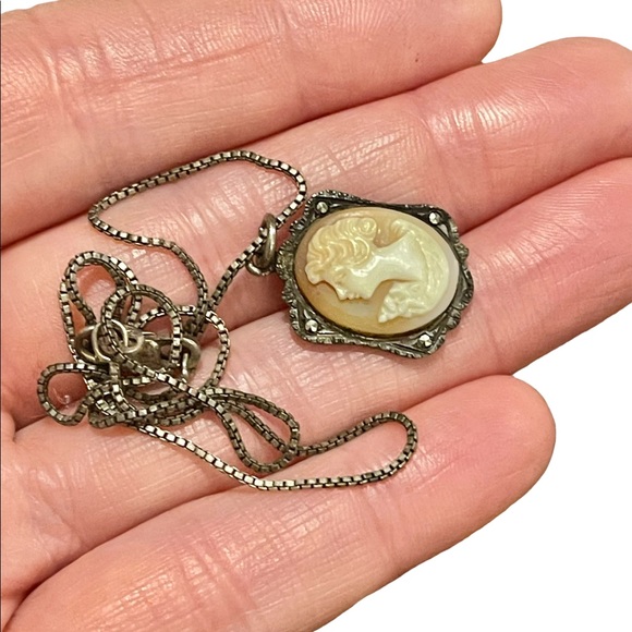 Antique 800 sterling silver shell cameo marcasite necklace Marcasite - Picture 7 of 12